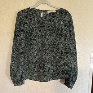 All in Favor Women's Blouse Size L Long Sleeve Green White Print Top Blouse